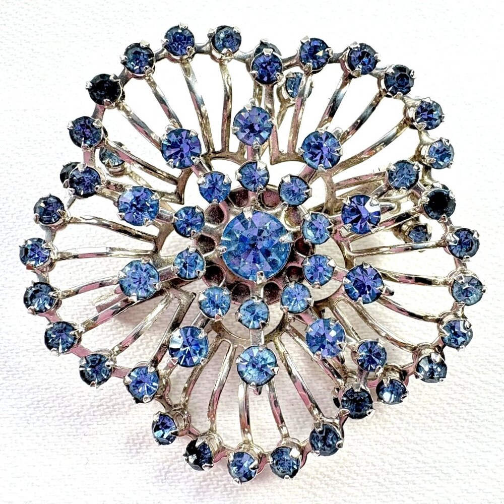 Vintage Light Blue Rhinestone Floral‎ Brooch Pin